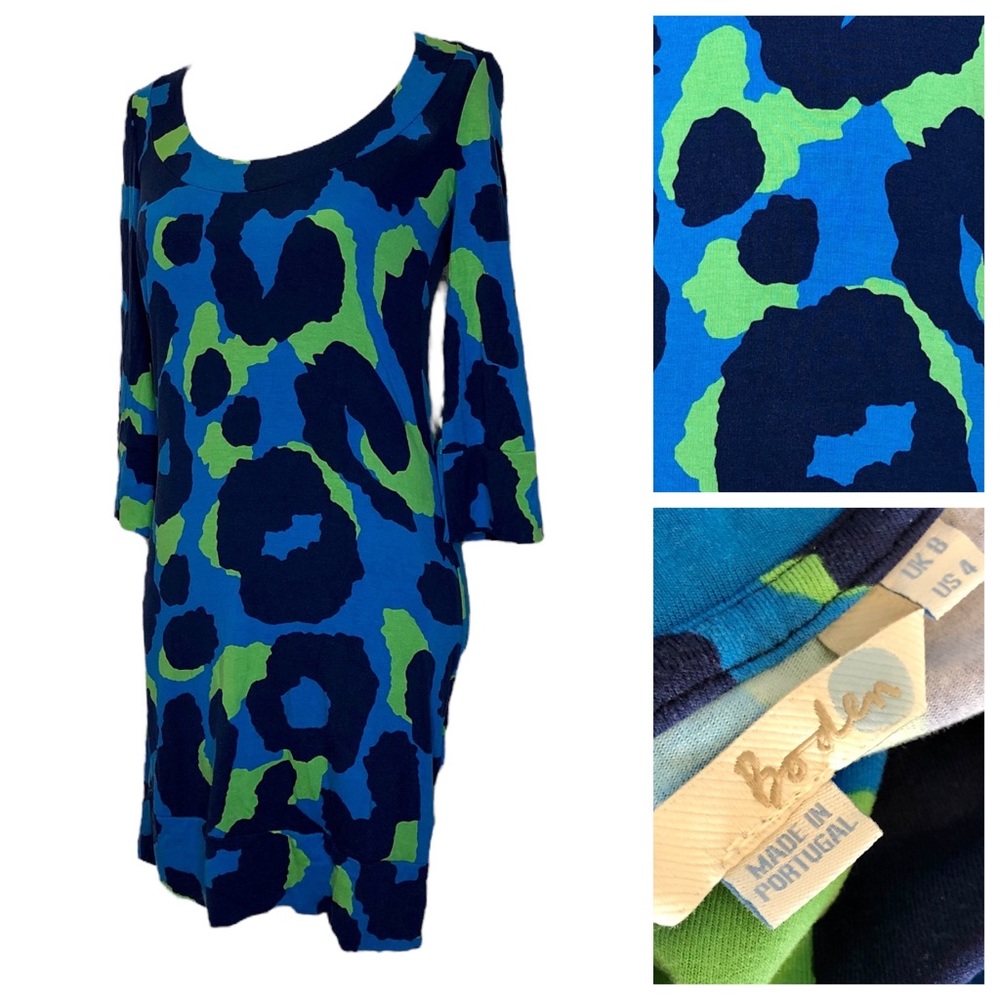 BODEN Dress T-Shirt Stretch 3/4 Sleeves Blue Green Animal Print Cotton 4 Small